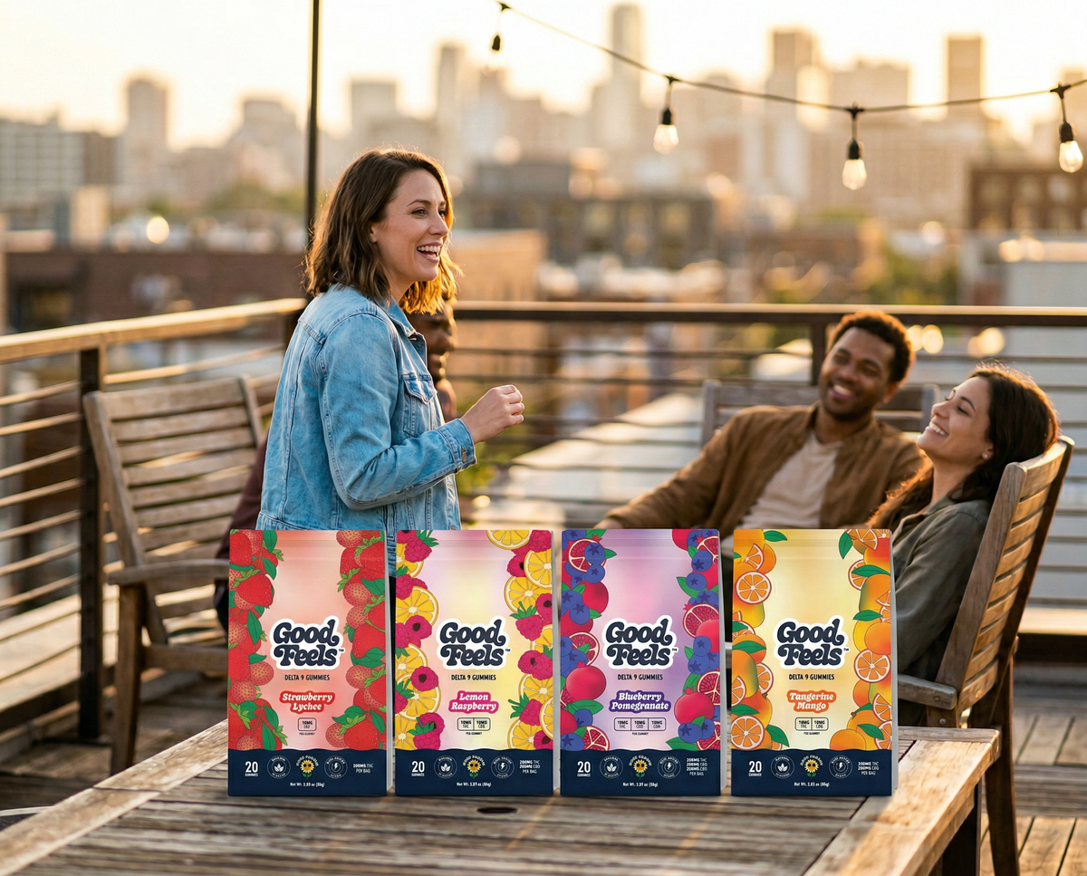 People on a rooftop with Good Feels gummies in the foreground