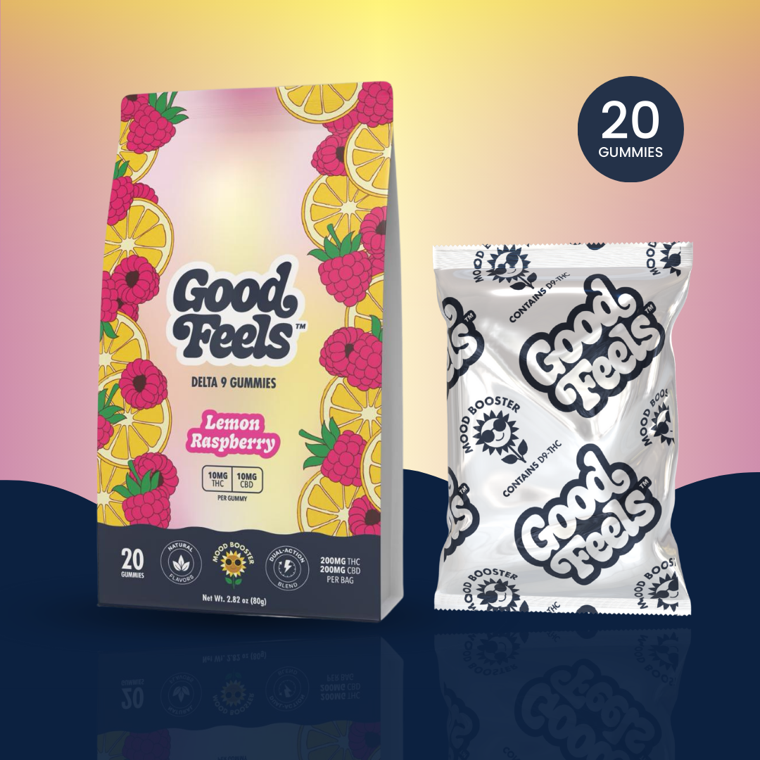Good Feels Lemon Raspberry gummy packaging on a gradient background