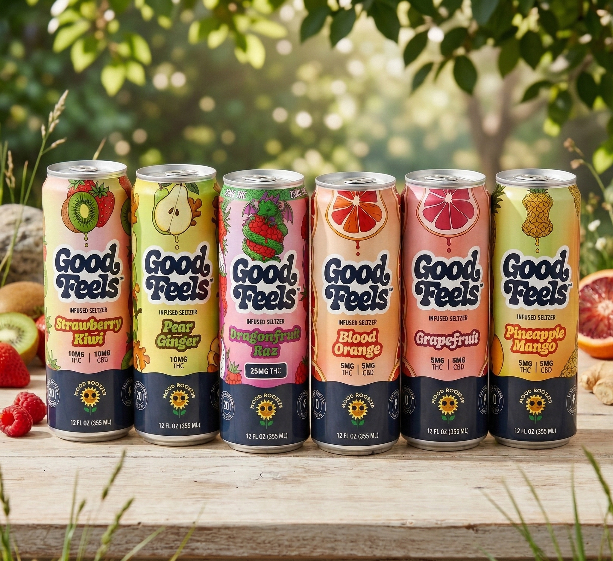 Assorted cans of Good Feels drinks on a wooden surface with a natural background