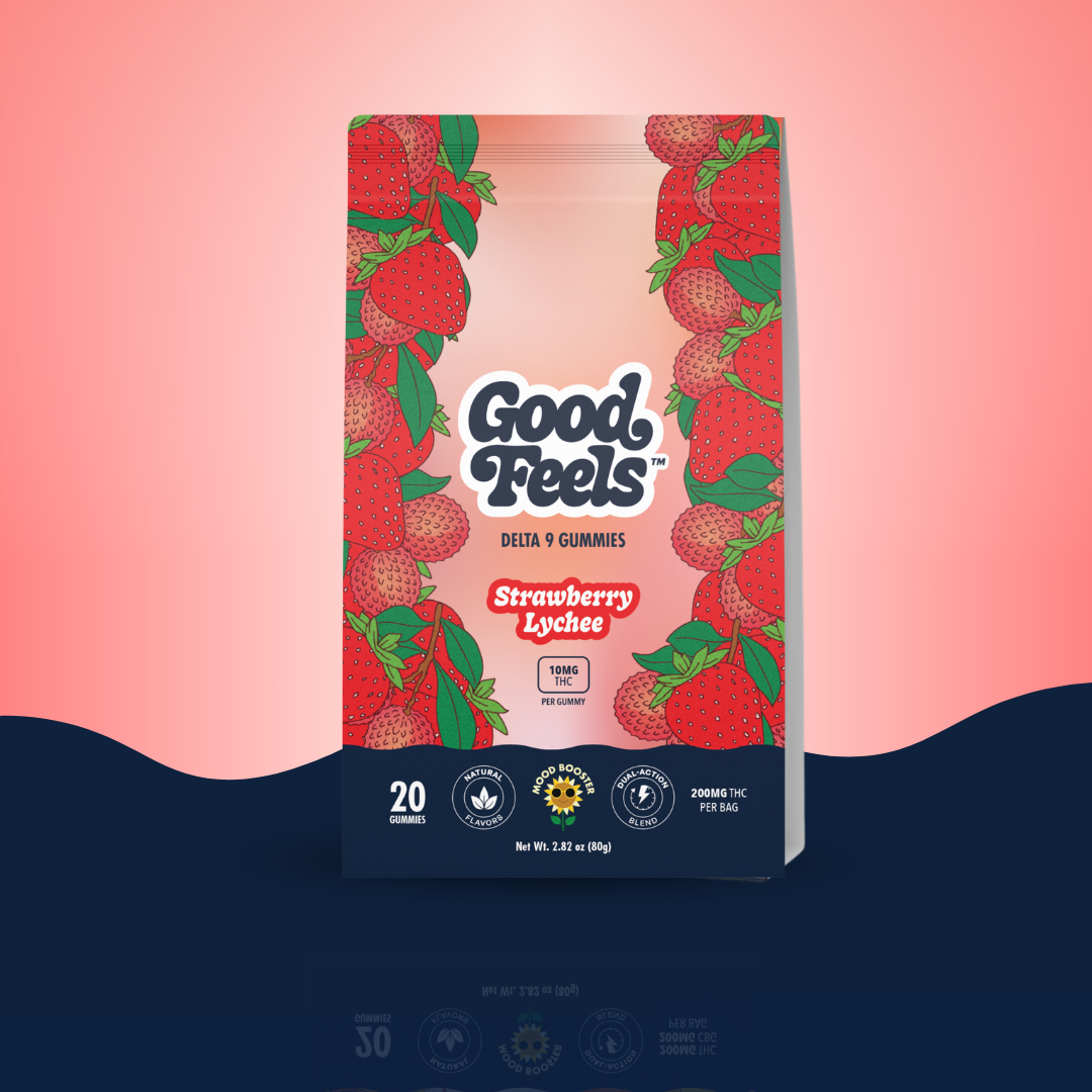 Good Treels Strawberry Lychee gummies packaging on a pink and blue gradient background