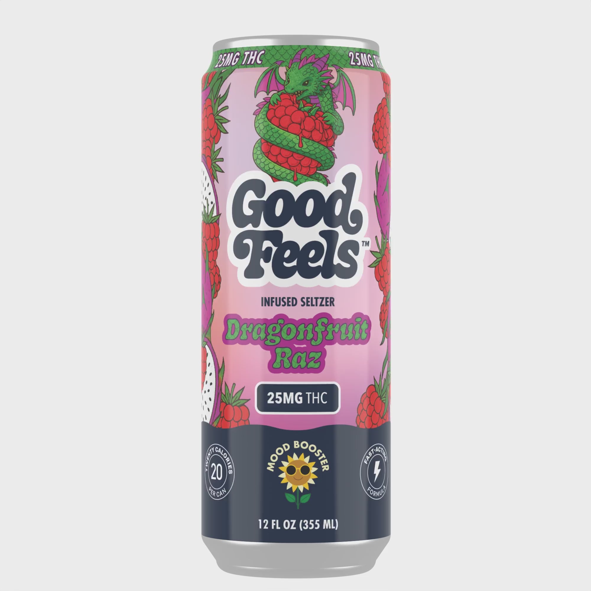 360 Video of Good Feels Dragonfruit Raz infused seltzer can